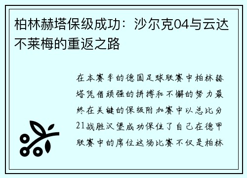 柏林赫塔保级成功：沙尔克04与云达不莱梅的重返之路